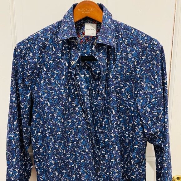 Paul Smith Current Blue White Floral AOP Cotton Mens Button Front Size 16.5 - Picture 7 of 16